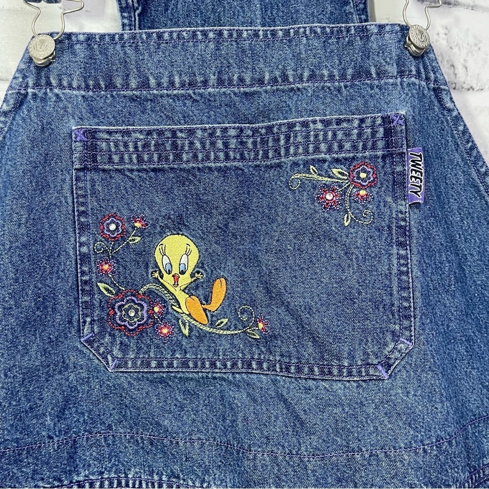 Vintage Looney Tunes Tweety Denim Cargo Bib Overall Shorts Plus Size 26W/28W - Picture 3 of 13